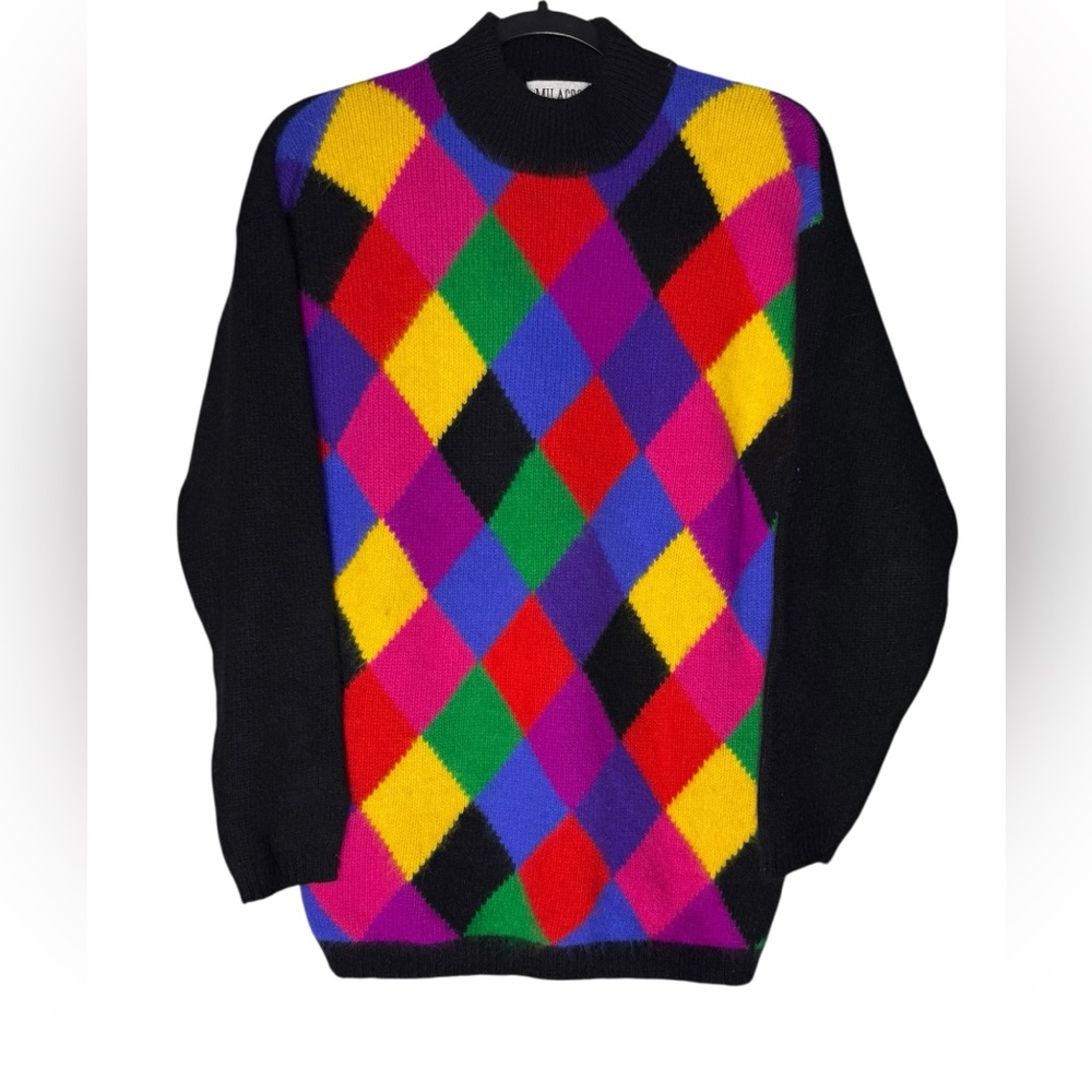 VTG Milagro Angora Wool Blend Sweater Size Medium Bold Multicolor Argyle Retro